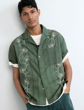 Chemise brodée, , Coton, Vert, S