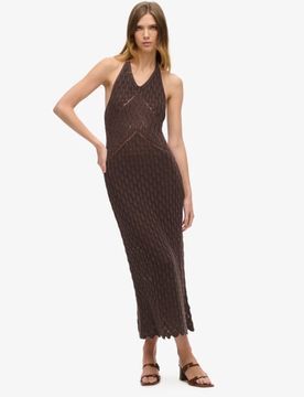 Superdry Damen Häkel-maxikleid mit Nackenträger Braun - Größe: 40