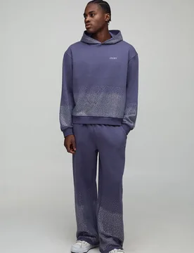 Men's Oversized Boxy Rhinestone Hoodie And Wide Leg Jogger Navy Size Large Navy L - boohooMAN - FashionsVida
