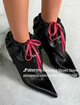 Tapered Heel Loose Lace-Up Booties Sexy Pointed Toe Color Blocked Ankle Boots Designer Style Ankle Strappy Handmade Women Boots - Aliexpress - FashionsVida