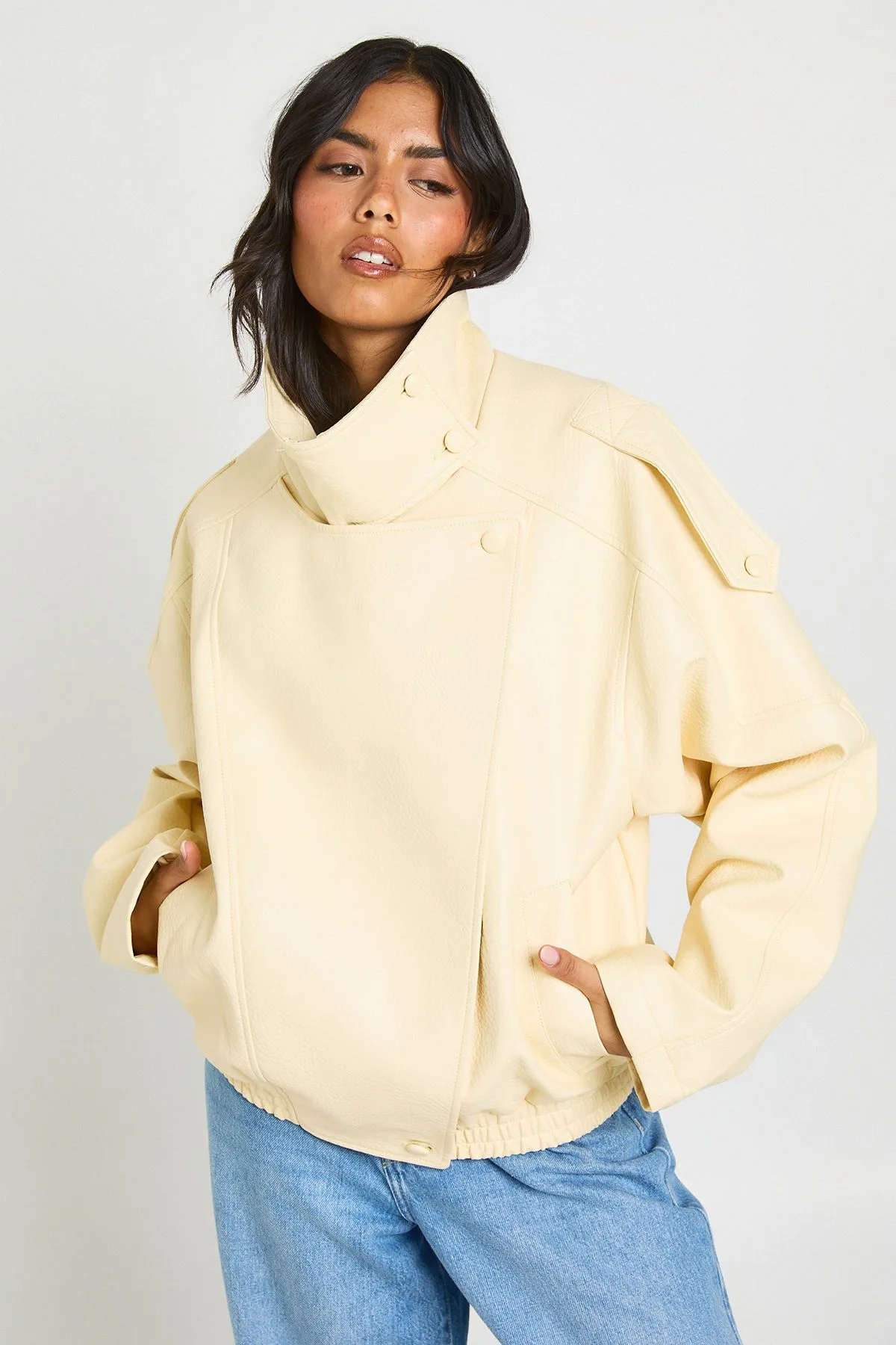 Womens Faux Leather Funnel Neck Jacket - Yellow - Size Medium - Boohoo - FashionsVida