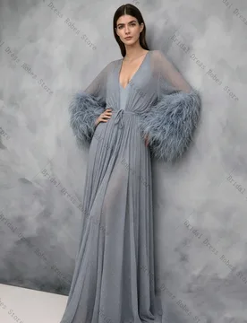 Feather Beaded Luxury Women Prom Dress For Photoshoot Formal Sexy V Neck Belted Long Bridal Morning Robe Customized Night Gown - Aliexpress - FashionsVida