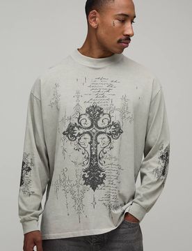 Herren Gewaschenes Steingrau Übergroßes Gotisches Kreuz Print Langarm Oberteil Stone Größe 2XL