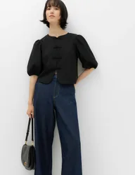 Knot Button Detail Puff Sleeve Top Black female