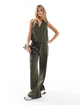 Womens Tailored Multiway Button Leg Trouser Co-Ord In Khaki - Size Small - Pieces - FashionsVida