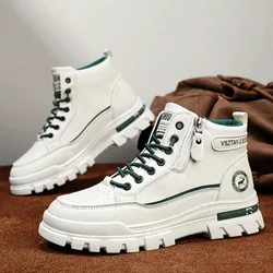 Par de botas casuales de media pantorrilla para hombres - unicolor con parte superior, forro de tela, suela de PVC, diseño de cordones con punta redo