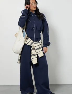Womens Deep Hem Collar Detail Straight Leg Tracksuit - Navy Cotton - Size Small - Boohoo - FashionsVida