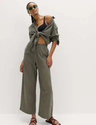 Pure Cotton Drawstring Beach Trousers Dark Khaki female