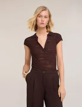 Polo de mujer de punto con bordes de lentejuelas escote en v con cuello y bordes bordados con micro lentejuelas - Motivi - FashionsVida