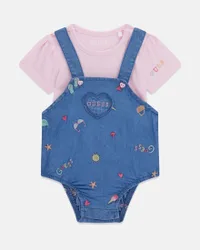 Completo salopette e body rosa in misto cotone con logo ricamato