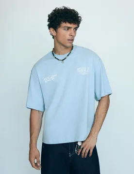 T-Shirt Manches Courtes Boxy Fit Imprimé Xl Bleu Clair - Bershka - FashionsVida