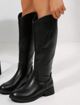 Botas altas hasta el muslo planas para mujer, botas altas elásticas con corte en V, botas de punta cuadrada de ajuste ceñido, botas largas de cuero - Shein - FashionsVida