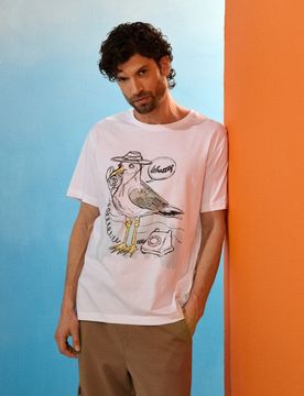 T-shirt in cotone con stampa di uccello - bianco