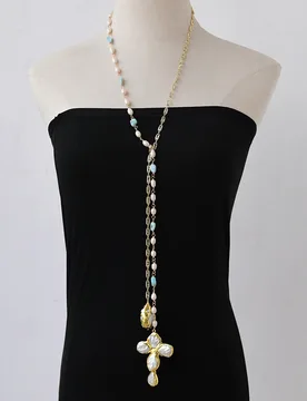 G-G 47" Natural White Rice Pearl Clear Cz Larimar Long Chain Necklace White Pearl Crucifix Pendant - Aliexpress - FashionsVida