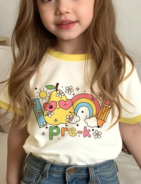 Regreso a la escuela, camiseta de manga corta con cuello redondo para niña pequeña, estilo casual minimalista con estampado de papelería de dibujos - Shein - FashionsVida