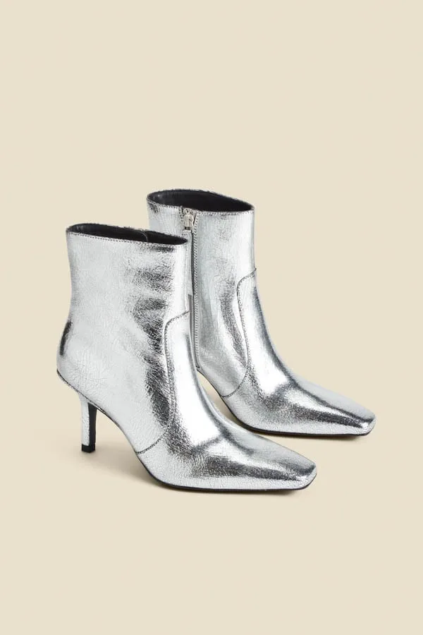 Womens Silver Leather Square Toe Ankle Boot - Size Uk 6 - Sosandar - FashionsVida