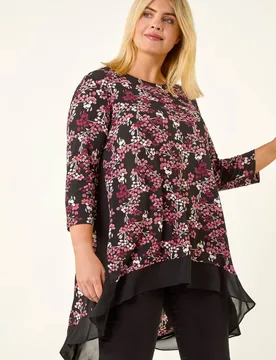 Women's Curve Floral High Low Chiffon Top in Pink Size: 22-24 - Pink - Size: 22-24 - Roman - FashionsVida