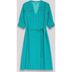 Vestido corto de tejido plumeti con escote en pico y manga francesa