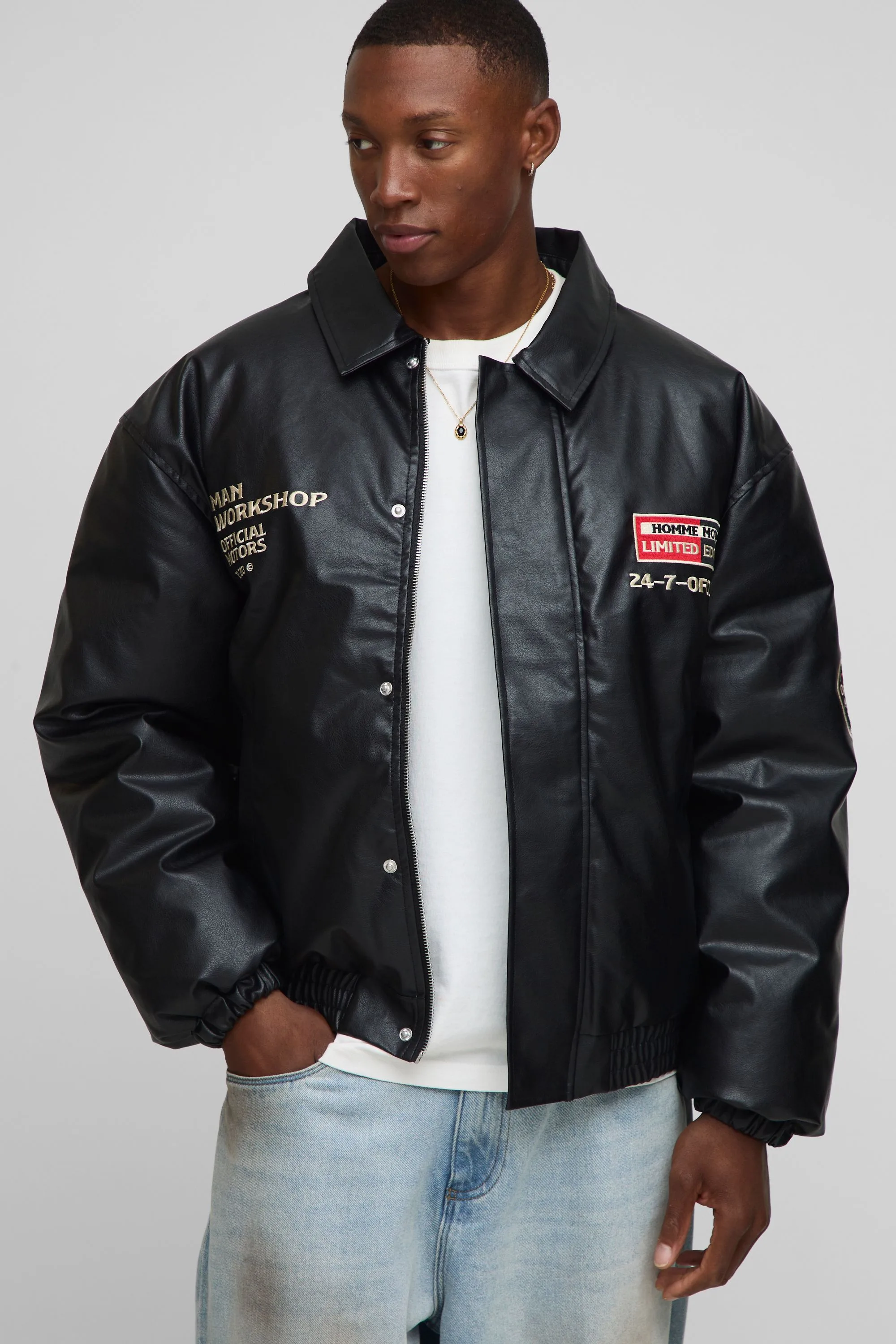 Mens Man Oversized Fit Badge Applique Collared Bomber Jacket - Black - Size Large - boohooMAN - FashionsVida
