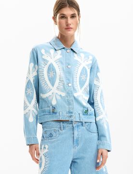 Chaqueta tejana bordados, Mujer, Algodon, Azul, XS