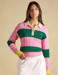 Pure Cotton Striped Cable Knit Rugby Jumper Pink Mix female
