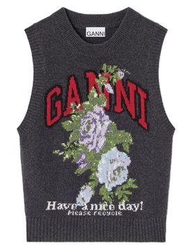 Sleeveless Ribbed Edge Sweater with Rose Print and Message - Size S