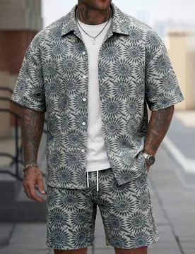 Conjunto de camisa y pantalones cortos casuales de jacquard para hombre - Shein - FashionsVida