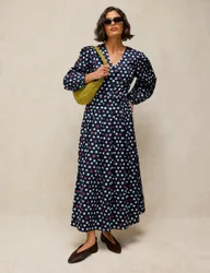Pure Cotton Polka Dot Pleated Midi Dress Navy Mix female