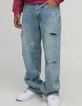 Men's Relaxed Fit Rhinestone Cross Ripped Jeans Vintage Blue Size 30R Vintage Blue 30R - boohooMAN - FashionsVida