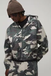 Herren Übergroßes Kurz Geschnittenes Tarnmuster-Twill-Hemd Mit Kapuze Green Größe Large