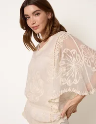 Floral Lace Butterfly Sleeve Blouse - M/L / STONE - female