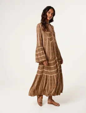 V Neck Aztec Smock Dress - S/M / TOBACCO - female - Blue Vanilla - FashionsVida