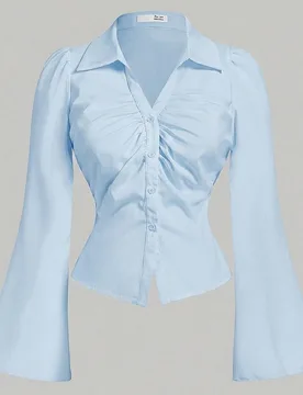 Blusas para adolescentes con cuello en V, mangas acampanadas con volantes, cintura ceñida, camisa azul de manga larga, ropa de bruja, blusa con boton - Shein - FashionsVida