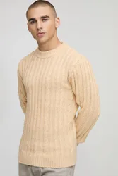 Herren Muscle Fit Zopfmuster-Pullover Sand Größe Large