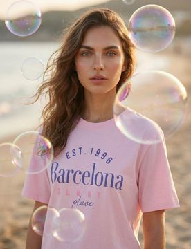 T-shirt in cotone con scritta Barcelona - rosa pastello
