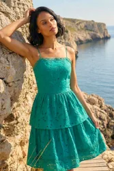 Tiered Broderie Dress - Green - Size: 14