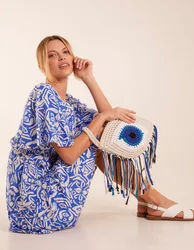 Crew Neck Aztec Tiered Mini Dress - M / BLUE - female