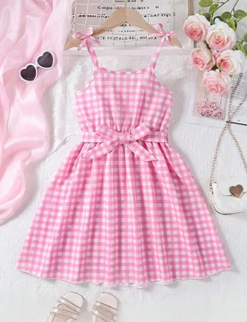 Vestido de verano sin mangas con cinturón, de cuadros rosas, informal y cómodo para niñas preadolescentes y niñas pequeñas - Shein - FashionsVida