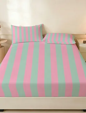 Pieza Juego de sábana ajustada a rayas rosa y verde menta, funda de colchón suave y amigable con la piel, sábana antideslizante de bolsillo profund - Shein - FashionsVida