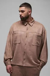 Herren Plus Kunstwildleder Oversized Hemd Taupe Größe 2XL