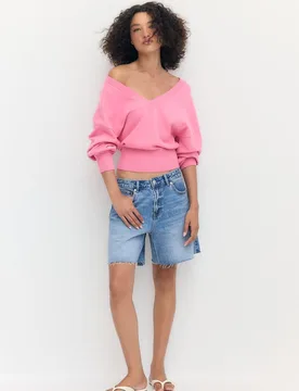 Pullover mit V-Ausschnitt und Fledermausärmeln Rosa L - Stradivarius - FashionsVida