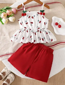 Conjunto de chaleco y pantalones cortos de punto con estampado de cerezas para niñas, estilo lindo y dulce adecuado para uso al aire libre y escolar, - Shein - FashionsVida