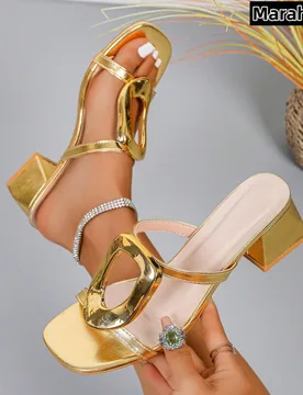 Tacones altos elegantes dorados para mujer, sandalias de tacón grueso con punta cuadrada, zapatos de fiesta sexy y glamorosos de estilo occidental pa - Shein - FashionsVida