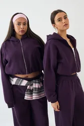 Womens Towelling Applique Boxy Zip Through Hoodie - Purple Cotton - Size 3xl