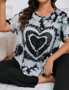 Conjunto de pijama de talla grande con top de manga corta con efecto tie-dye y pantalón largo de unicolor, conjunto de ropa - Shein - FashionsVida