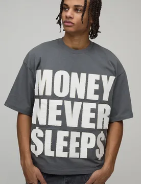 Mens Oversized Boxy Money Slogan Distressed Applique T-Shirt - Charcoal Cotton - Size 5xl - boohooMAN - FashionsVida