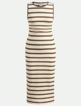 Vestido de rayas beige y blanco con abertura lateral ajustada de longitud media para niña preadolescente, uso casual para vacaciones de verano, escue