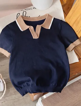 Polo de manga corta con cuello de color contrastante para niños, suéter de punto ligero, adecuado para la escuela, uso diario, primavera, verano y o - Shein - FashionsVida