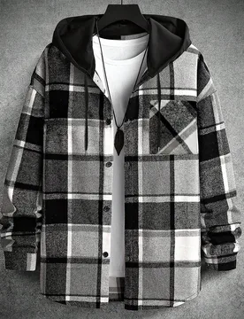 Chaqueta con capucha de manga larga con estampado a cuadros y cordón para hombre, otoño - Shein - FashionsVida