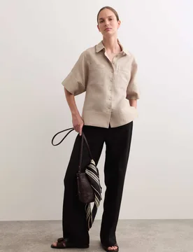 Pure Linen Collared Stitch Detail Shirt Oatmeal female - Jaeger - FashionsVida